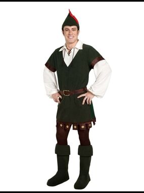Spirit Green and Brown Robin Hood Costume with Red Feather Hat